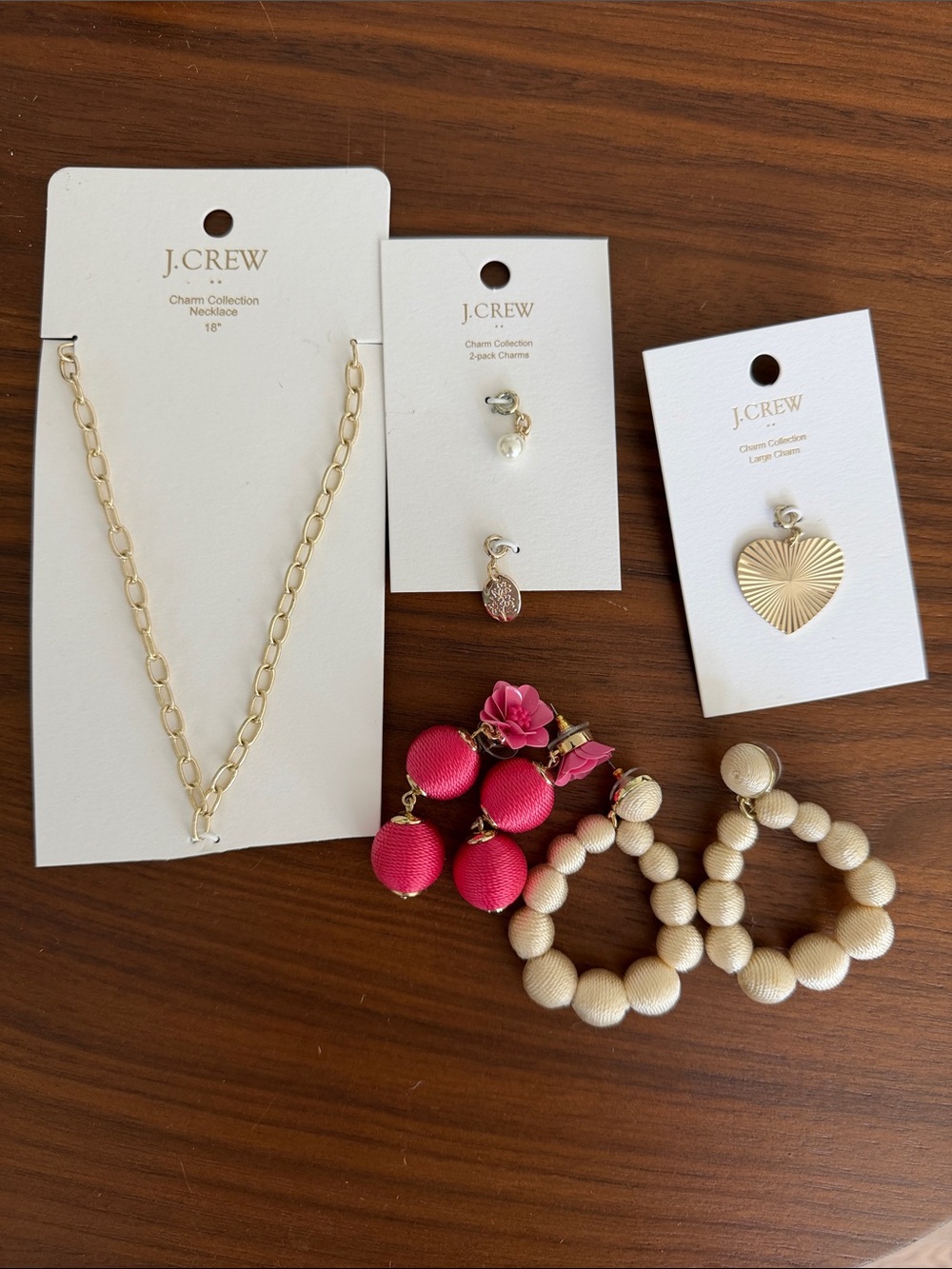 J. Crew Gold Link Necklace with Pink Drop and Cream Beaded Earrings Set- all new